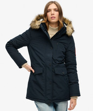 SUPERDRY Nordic Chrome Navy Hooded Everest Faux Fur Parka Coat UK 10   (ccn20.1)