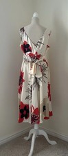 Dress Midi Cream Beige Red Black Floral Size 12