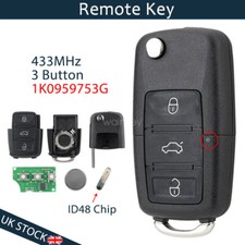 433MHz Remote Car Key Fob 3 Button + ID48 Chip For VW Golf Mk6 Caddy Jetta Polo