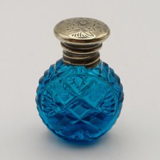 Antique Victorian Blue Cut Glass Scent Perfume Bottle Silver Plated Lid