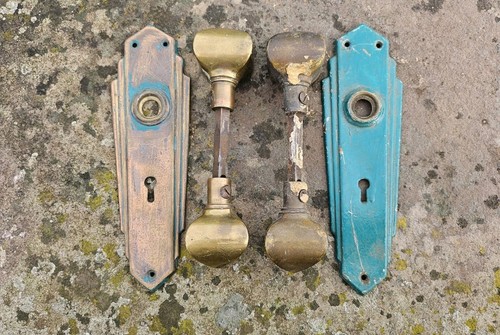 Vintage brass door knobs - door,
