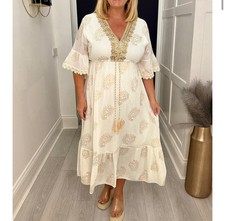 Ladies Boho White Gold Midi Dress Sequin Tassel Summer Dress One Size 8-16