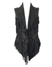 All Saints Tassel Leather Jacket Waistcoat  Black UK10/12 US6-8 Vintage Boho