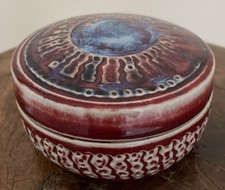 Studio Pottery Red Glazed Sunburst Pattern with Lid. Bowl Stamp On Side Signed