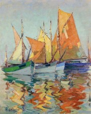 ALEXANDRE RIGOTARD (1871-1944) LARGE SIGNED FRENCH OIL CANVAS - BOATS AT ANCHOR 