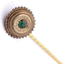 Victorian Stickpin Etruscan Revival Sun Shape With Green Paste Stone Lapel Pin