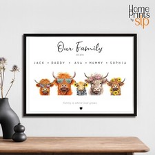 Personalised Highland Cow Family Print, Our Family Gift, New House Gift