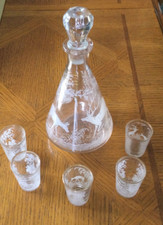 Vintage Etched Deer Glass Decanter and 5 Shot Glasses