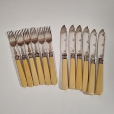 Antique Atkin Bros 6 Fish Knives Forks Faux Bone Silver Plate Victorian Set