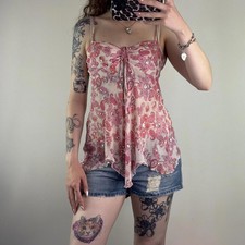 Y2K vintage 100% silk floral cami top flowy floaty sequin ruched beaded ruffle