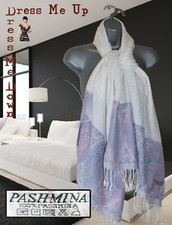 Pashmina Luxurious Pure Cashmere Wrap Scarf Shawl Ivory Blue Pink Border Large