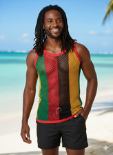 Mens Rasta Jamaica Crystal Fishnet Mesh String Vest Tank Top Festival Club
