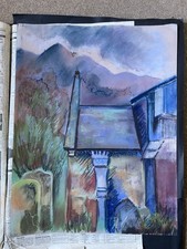Val Smith ORIGINAL LANDSCAPE PAINTING BLUE PURPLE MOUNTAIN OLD BUILDING CUMBRIA