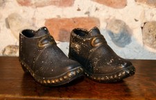 PAIR VICTORIAN CHINA MINIATURE HOBNAIL  BOOTS CLOGS MOST UNUSUAL ! BLACK GILT 