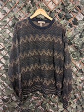 Vintage Retreat Chevron Knit Jumper L – Brown & Black Zigzag Pattern Sweater,