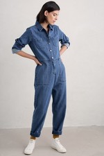Seasalt Women's Regular Glaswyn Denim Jumpsuit Mid Wash Rain Slub