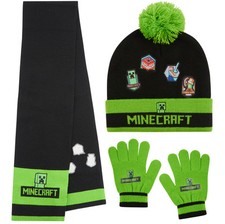 Minecraft Boys 3 Piece Winter Set Beanie Hat Gloves Scarf Warm Accessories Gift