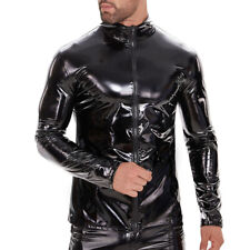 S-7XL Men's Wetlook PVC Leather Jacket Tops Biker Nightclub Casual Zipper Coats