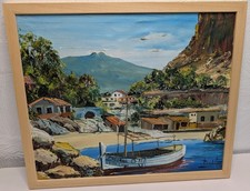 Original Impressionist Painting Mountains Village Boat Oil on Canvas 20x23in