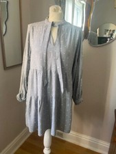 'Zara' Size M. Grey & White Fleck-Tie Neck-Tiered-Long Sleeved Dress