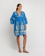 Greek Archaic Kori Feather Linen Short Dress Size XS Blue/Gold