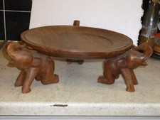 Vintage Hand Carved Round Wooden Tray with 3 Elephants Holding at the Base