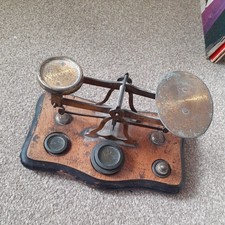 Antique Postal Scales Wood and Brass with weights.  Late 1800's