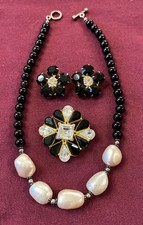 Vintage Glass Bead Pearl 925 Toggle Faceted Crystal Clip On Earrings Brooch Set