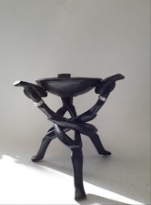 Hand-Carved African Tribal Wooden Bowl with Intertwined Figures Stand