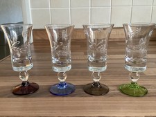 4 Vintage Harlequin Etched Glass Sherry Schooner Glasses Multicoloured 11.5cm