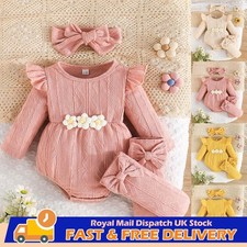 3Pcs Baby Girl Ruffle Romper Long Sleeve Bodysuit Bow Hairband Socks Outfits Set