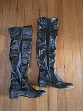 Thigh Length Flat Boots Black Patent Size 6