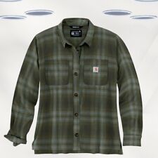 Ex Carhartt Women's Rugged Flex Loose Fit Flannel Plaid Shirt in Khaki Green