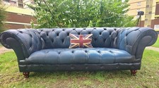 A FANTASTIC  Blue  Teal  Leather  Three Seater  Fully Button Chesterfield Sofa