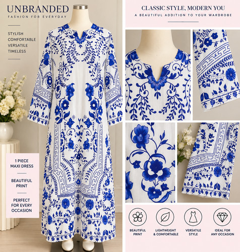 White blue floral maxi dress - white,