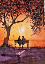 Romantic Sunset  Watercolor Painting Couple on Bench under Tree Love Wall Art