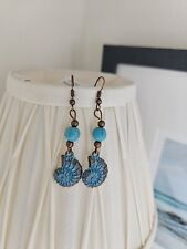 Boho Fossil Shell Turquoise Copper Dangle Earrings Copper Tone Posts Handmade By