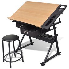 Tiltable Drawing Table with Stool, MDF & Iron Legs, 118x62cm, 2 Drawers