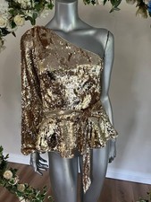 TED BAKER Sequin Top Womens Size 8 & 10 Tillye Gold One Shoulder Tie Waist NEW