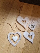 Set Of 4 Hanging Heart Decorations Cute Wall Ornament Plaque Plaques Shabby Chic