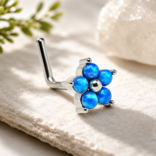 Opal flower nose stud blue - flower,
