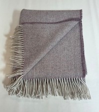 PURE WOOL Fringed Throw/Blanket/UK WOVEN.Natural/Lilac Herringbone. Free P+P