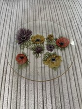 Vintage Hand Painted Glass Plate Floral Design Decorative Display Mid-Century