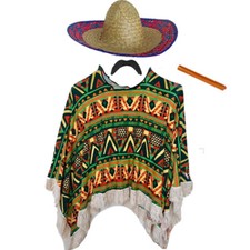 MENS ADULTS MEXICAN BANDIT PONCHO SOMBRERO FANCY DRESS COSTUME DAY OF THE DEAD