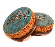 Antique Victorian Pair of Mahogany & Embroidered Fabric Foot Stalls Rests c.1880