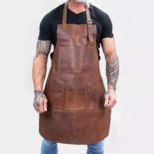 Apron Leather Pockets Grill Butcher Work Men Brown Premium Quality Wood...