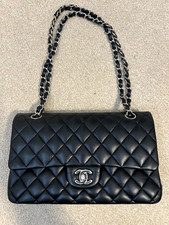 CHANEL Classic Double Flap Bag Black Lambskin Leather Medium Silver Hardware