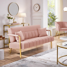 Loveseat Sofa Pink Velvet Modern 2 Seater with Pillows Compact Upholstered Couch