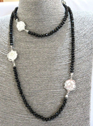 Necklace facetted black glass - facetted,