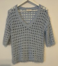 Next Fluffy Blue Open-Knit V-Neck Jumper - Size XS Short Sleeve